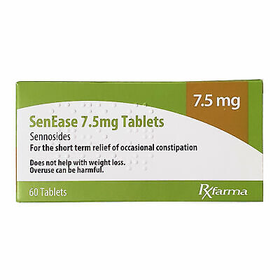 A green and white box labeled Senease 7.5mg Tablets (60 Tablets) by Rxfarma for constipation relief. Contains a safe, precise dosage. Warning: not for weight loss; overuse may be harmful.