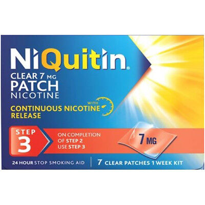 The NiQuitin 24 Hour Clear Patches 7mg (Step 3) offers continuous craving relief with its nicotine release system. This packaging contains seven nicotine patches, providing a convenient one-week smoking cessation kit.
