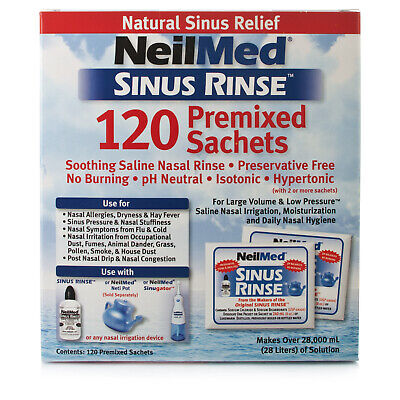 The NeilMed Sinus Rinse Sachets (120) provide soothing saline relief for nasal congestion without burning. Ideal for sinus conditions, the packaging includes instructions and images for effective nasal irrigation techniques.