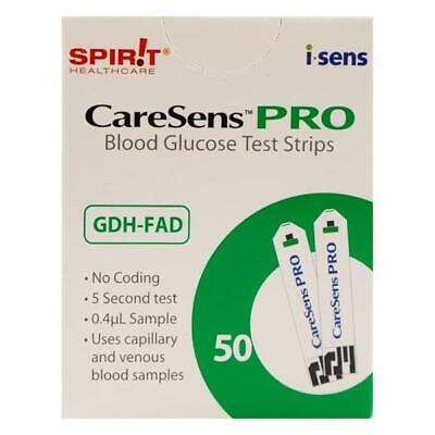 Image of the Spirit Healthcare CareSens Pro Test Strips (50s) box, showcasing blood glucose strips with GDH-FAD tech. Highlights include No Coding, a fast 5 Second test, requiring only a 0.4µL Sample, and compatibility with capillary and venous samples.