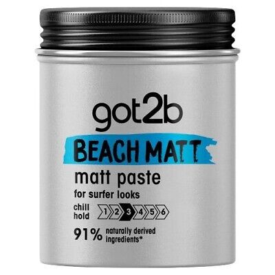 Schwarzkopf Got2B Beach Matt Paste (100ml) offers a natural matte finish and chill hold level 3 for surfer looks. Packaged in a silver container, its made with 91% naturally derived ingredients and features black and blue text.