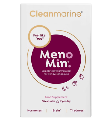 Box of Cleanmarine Menomin by Cleanmarine, designed for menopause support with Omega 3 and Soy Isoflavones. Benefits hormones, brain function, and tiredness. Contains 30 capsules with a recommended intake of 2 per day.