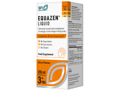 Equazen Liquid Citrus (200ml) by Equazen enhances brain function with a refreshing citrus flavor, suitable for ages 3 and up. Its free from aspartame, saccharine, and gluten, offering DHA and Omega-3 EPA fatty acids. The packaging is elegantly white and orange.