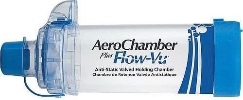 The AeroChamber Plus Blue Tube Spacer, a product by AeroChamber, is a clear blue and white anti-static valved holding chamber designed for effective respiratory management.