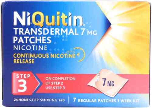 An image shows a box of NiQuitin Transdermal Regular Patches - 24 Hour Step 3, providing structured nicotine replacement therapy. The box contains seven 7 mg patches for continuous release, designed to manage nicotine cravings over one week.