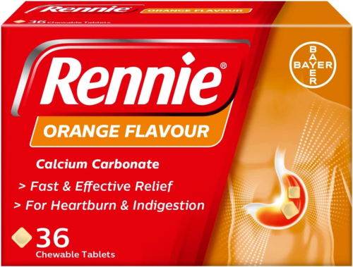 Bayers Rennie Orange Tablets (Pack of 36) offer fast, effective indigestion relief with calcium carbonate, featuring digestive system imagery on the packaging.