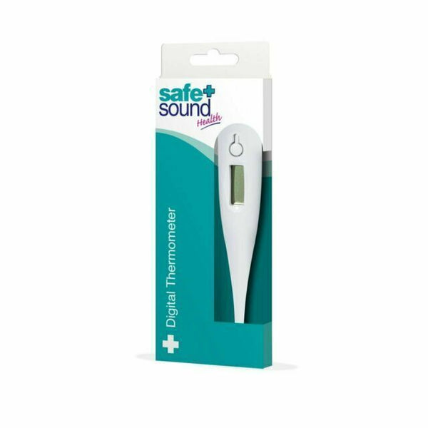The Safe and Sound Digital Thermometer (1 Device) is a white health monitoring tool, shown in teal and white packaging with the Safe and Sound brand name and Digital Thermometer printed vertically on the box.