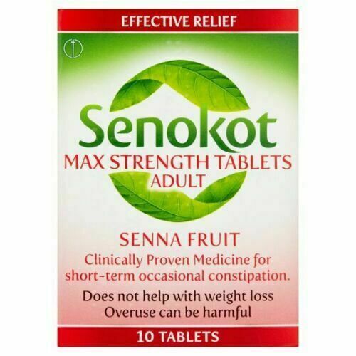 Senokot Max Strength Adult Tablets (10s) by Senokot offer short-term constipation relief with natural senna fruit. The pack highlights effective relief and cautions against overuse or using for weight loss.