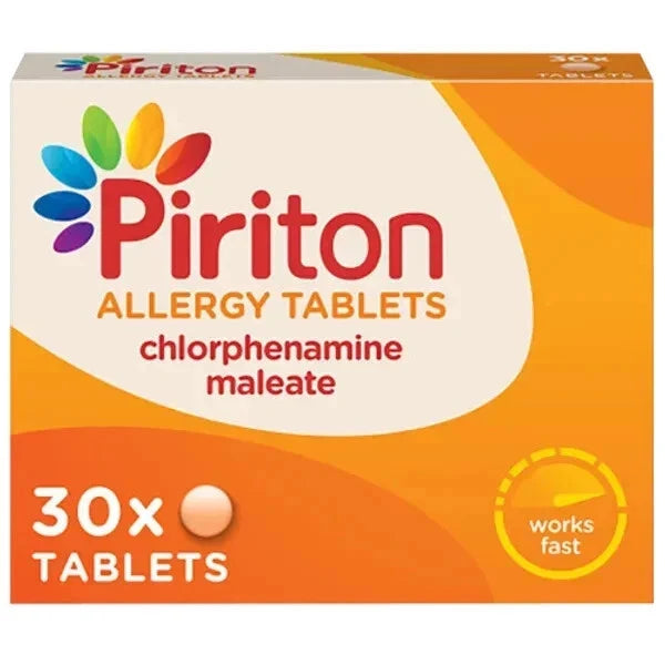 Box of Piriton Allergy Tablets – Chlorphenamine Maleate (30 Tabs) by Piriton, featuring orange and yellow packaging with the “works fast” slogan and vibrant leaf-like designs, making your go-to allergy relief easy to find.