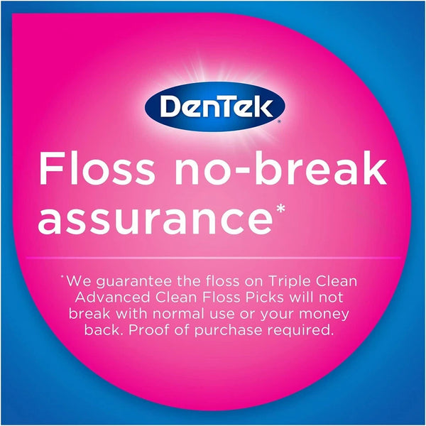 A pink and blue DenTek label states Floss no-break assurance. Dentek Floss Mint Picks (90 Pack) with mint flavor removes plaque and won’t break with normal use or your money back (proof of purchase required).