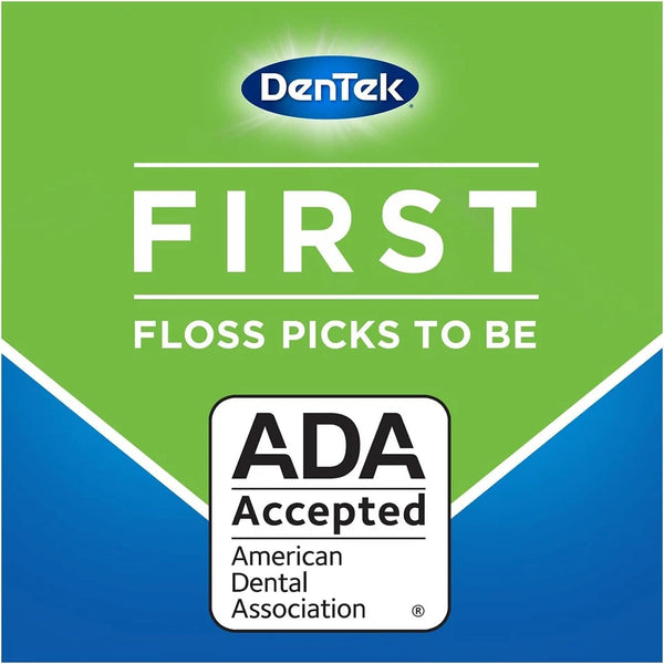 The image shows the Dentek logo above “FIRST FLOSS PICKS TO BE ADA Accepted,” emphasizing that Dentek Floss Mint Picks (90 Pack) help remove plaque. The ADA Accepted logo is displayed at the bottom on a green and blue background.