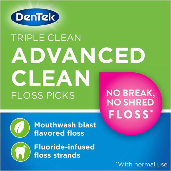 Dentek Floss Mint Picks (90 Pack) by Dentek feature No Break, No Shred mint floss with mouthwash blast and fluoride, designed to remove plaque. Packaging displays a green and blue background.
