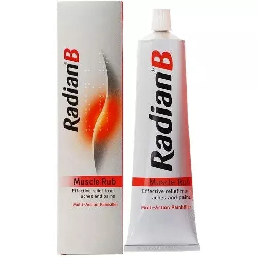 The Radian B Muscle Rub (100G) tube and box, with a white design and red/black text, offers effective symptom relief from aches and pains as a multi-action painkiller.