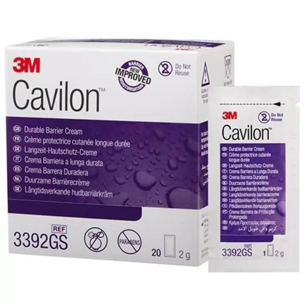 This image features a 20-sachet box of Cavilon Durable Barrier Cream, a hypoallergenic skin protectant. The predominantly white packaging includes purple designs, water droplet graphics, multilingual information, and application icons.