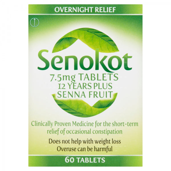 Senokot 12 Years Plus 7.5mg Senna (60 Tablets) by Senokot: natural senna stimulant laxative for constipation relief ages 12+. Provides overnight relief. Not for weight loss; do not overuse. Features green leaf design on white background.