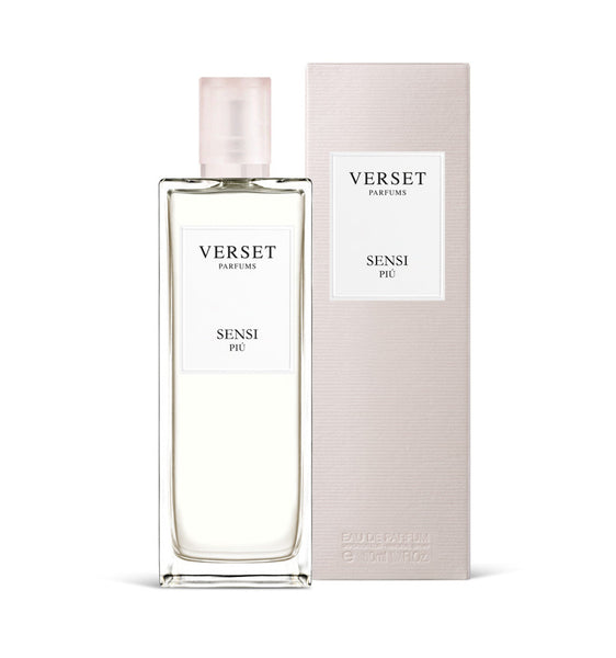 The Verset Sensi Piu (50ml) perfume by Verset comes in a clear rectangular bottle with a pink cap and white label, placed next to its matching light pink box—both featuring minimalist black text.