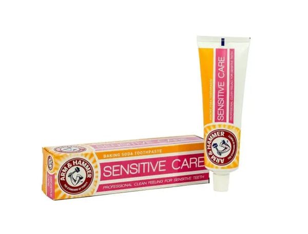 Arm and Hammer Sensitive Toothpaste (125g) comes in orange-yellow packaging with the brand’s logo, delivering gentle cleaning and cavity protection for sensitive teeth.