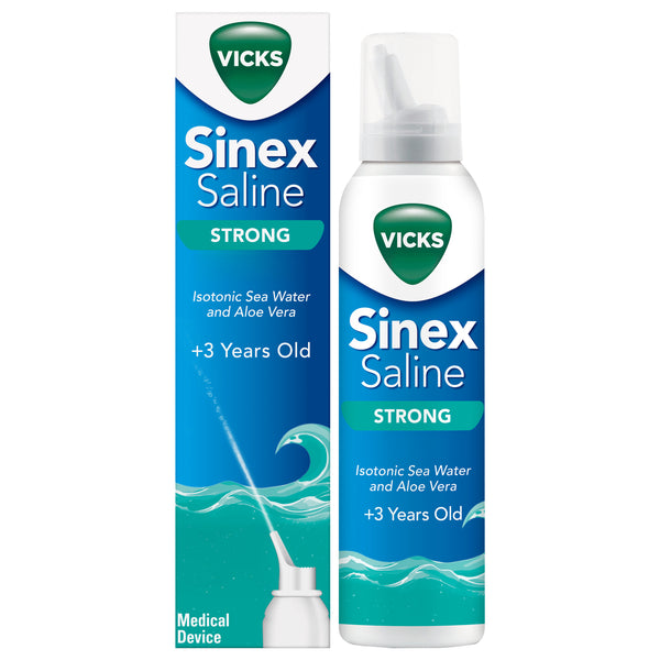 Vicks Sinex Saline Power Spray-Strong (120ml) by Vicks offers nasal relief for ages 3 and up. The blue, white, and green packaging features wave and spray graphics, highlighting its saline formula with aloe vera.