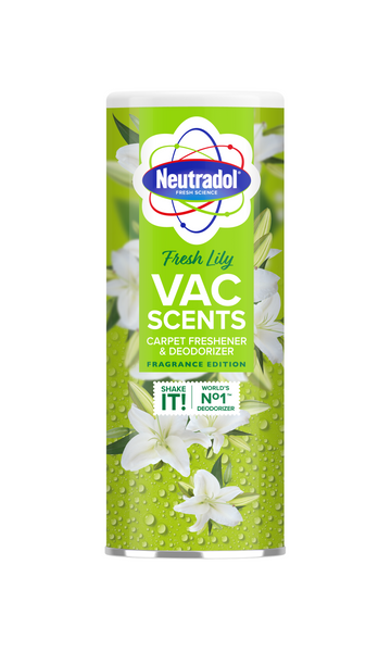 Neutradol Fresh Lily Carpet Deo (350g) features a cylindrical container with white lilies and green accents. The label showcases it as a carpet deodorizer and odor neutralizer with “World’s No. 1 Deodorizer.”.