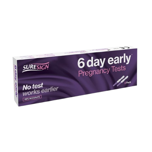 The SureSign 6 Day Early Pregnancy Test (2 Pack) features two test illustrations and states: Detect pregnancy up to 6 days early, 99% accurate, and No test works earlier for reliable hCG results.