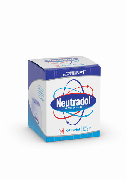 A white and blue box of Neutradol Original Gel Power Orb (300ml) from Neutradol, labeled World’s Deodorizer No 1, lasts 90 days and features abstract red and blue lines on the packaging for effective odor control.