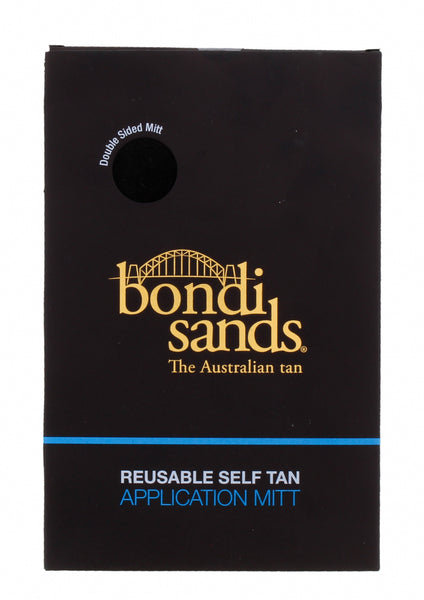 The Bondi Sands Reusable Self Tan Application Mitt (1 Mitt) comes in black packaging with a gold Bondi Sands The Australian tan logo, blue stripe, and Double Sided Mitt in white—ideal for a streak-free tan and natural-looking glow.
