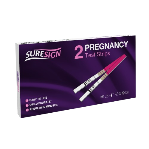A purple SureSign Pregnancy Test Strips (2) box shows two easy-to-use strips, offers 99% accurate* results in minutes, and features several helpful icons.