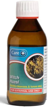 The Care Witch Hazel (200ml) bottle, brown with a white cap, features an image of the witch hazel plant. The label states: Gently cleanses & tones skin, emphasizing its role as an astringent for various skin issues. For external use only.