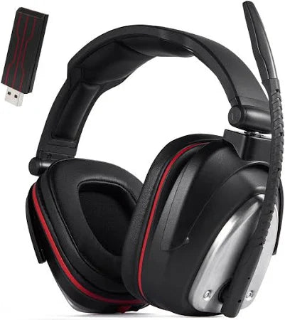 The HUHD Huhd Headphones are sleek black and silver wireless gaming headsets with a flexible mic and bold red accents. They offer simulated surround sound and a 2.4GHz reliable wireless connection via USB dongle, positioned in the images top left corner.