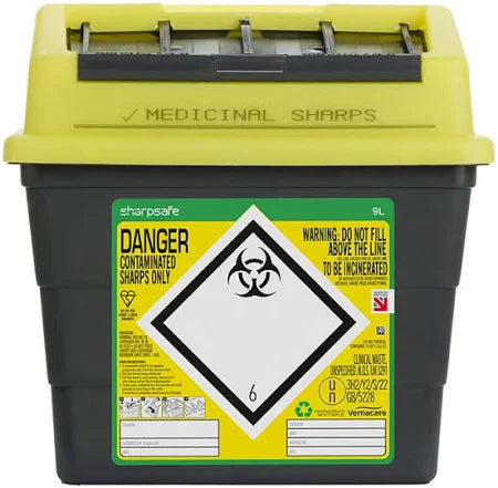 The Sharpsafe 9L Box is a yellow and black medical sharps container featuring a biohazard symbol. Made from recycled materials, its label advises contaminated sharps only and includes a line not to overfill, boasting safety features with its 9-liter capacity for secure disposal.
