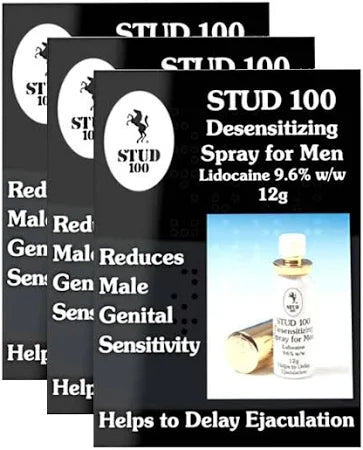 Three boxes of Stud 100 Desensitizing Spray (3 pack) with lidocaine 9.6% feature a bottle showcasing its benefits: reduces sensitivity, delays ejaculation, and enhances sexual performance.