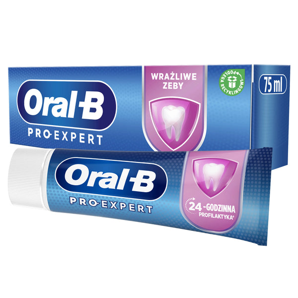 A 75ml box and tube of Oral-B Pro Expert Sensitive And Gentle Toothpaste Whitening, designed for sensitive teeth. The packaging features a tooth icon within a shield, emphasizing 24-godzinna profilaktyka to highlight its commitment to 24-hour protection.