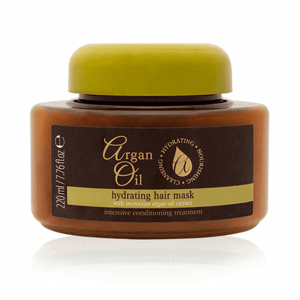 The Argan Oil Hydrating Hair Mask, from the brand Argan, comes in a brown and yellow container and provides intensive conditioning for dry hair. The label shows the size as 220 ml (7.76 fl oz).