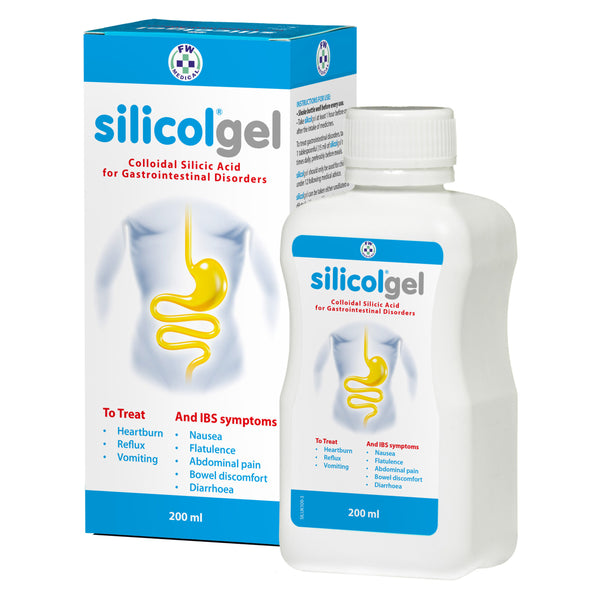 A box and bottle of Sagunas Silicol Gel (220g), containing colloidal silicic acid, is designed for digestive issues. The packaging highlights its treatment of nausea, flatulence, abdominal pain, bowel discomfort, heartburn, reflux, vomiting, and diarrhea.