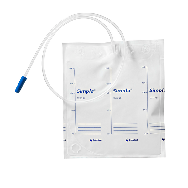 Image of Ennogens Simpla 2L Night Drainage Bags (Pack of 10), featuring anti-kink tubing with a clear tube and blue connector tip. The bag has measurement markings and brand name, ensuring effective urinary management.