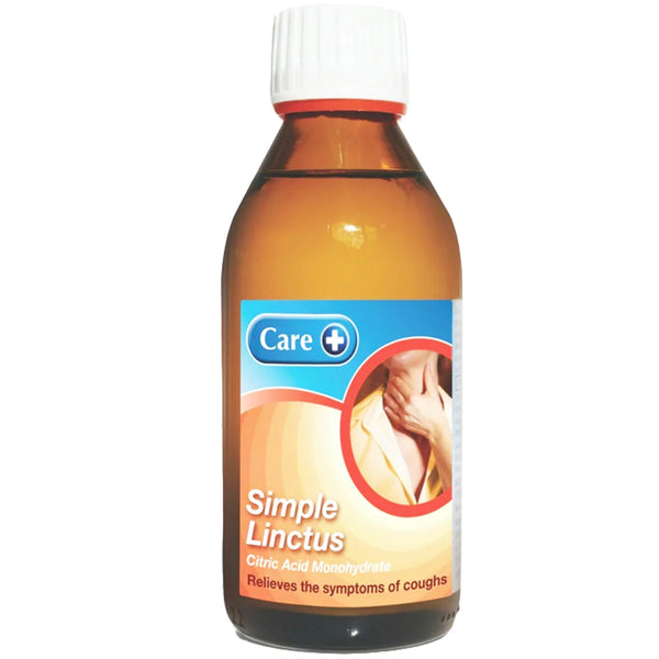 A 200ml brown bottle of Care Simple Linctus, featuring a white cap, displays the brand Care with instructions for cough relief. The label shows an image of someone holding their throat, emphasizing its soothing benefits for sore throats.