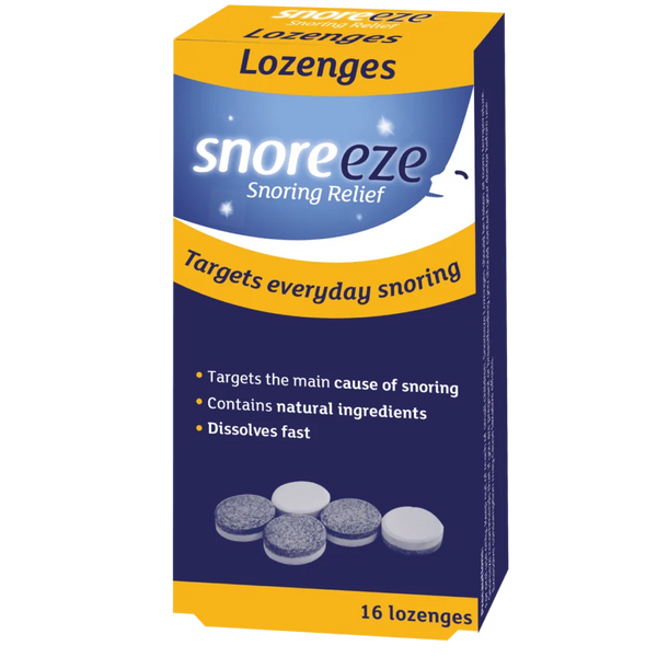 The blue and yellow Snoreeze Lozenges (16) box highlights benefits like targeting snoring causes with natural ingredients and a rapid-dissolving formula, offering effective snoring relief.