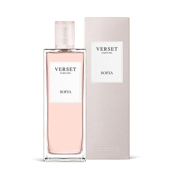 A 50ml Verset Sofia perfume bottle with pale pink liquid stands next to its matching pink box. Both feature the elegant Verset logo and Sofia label.