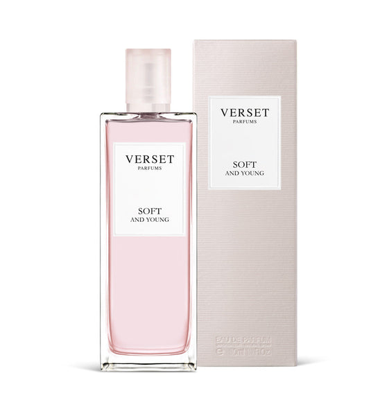 A rectangular 50ml Verset Soft and Young Eau de Parfum bottle with pink liquid is displayed next to its matching pink box, both branded with the product name and Verset logo on white labels.