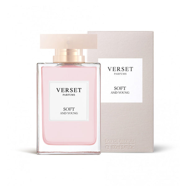 A rectangular bottle of Versets Soft and Young perfume, containing a pink floral fruity scent, stands in front of its box. It holds 100ml and features a beige cap with an elegant and simple design.