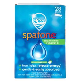 A box of Spatone Iron Apple Flavour, featuring 28 sachets of gentle, naturally sourced iron from Trefriw Wells Spa. The packaging highlights energy release and easy absorption benefits.