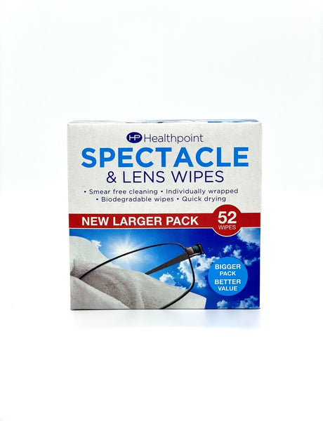 Healthpoints Spectacle Lens Wipes (52) provides a streak-free and smear-free clean with each individually wrapped, biodegradable wipe. The pack features quick-drying wipes ideal for eyeglasses, highlighted with a glasses image on the packaging.