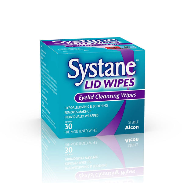 The teal and purple box of Systane Lid Wipes (30PACK) by Systane offers 30 individually wrapped, hypoallergenic wipes ideal for eyelid hygiene, makeup removal, and gentle cleaning. These pre-moistened, sterile wipes are crafted by Alcon for your convenience.