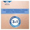 Close-up of skin with a TENA ProSkin label. Text reads: For everyday personal hygiene. Gentle for fragile skin. A circular badge says Cleanses, Protects, Moisturizes. 3 in 1. Discover the care of TENA Plastic-Free Wet Wipes (48 Pack)—gentle and effective adult wet wipes from Tena, designed for daily use without plastic.