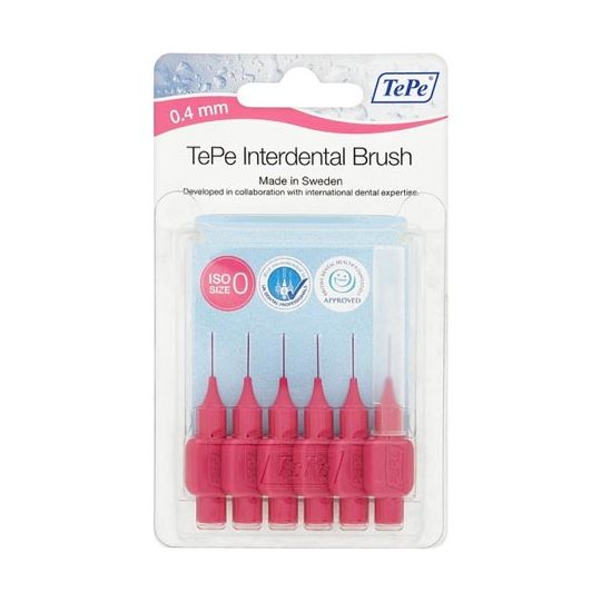 TePe Interdental Brush Pink (0.4mm 6pcs) by Tepe includes six brushes with caps, designed with dental experts to enhance oral health and prevent gum inflammation. ISO approved and made in Sweden.