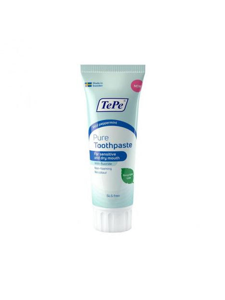 A 75ml tube of TePe Pure Toothpaste Mild Peppermint by TePe, in white and light blue, is designed for sensitive gums and dry mouth. It’s non-foaming, SLS-free, and Made in Sweden label is displayed.