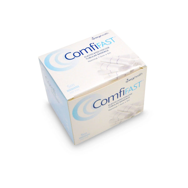 ComfiFast Blue (7.5cm X 5M) by Vernacare: Elasticated tubular bandages for legs, arms, and body, perfect for dressing retention and gentle on fragile skin. Comes in sealed blue and white packaging.