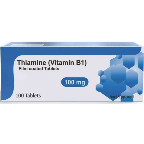 Vitamed Thiamine 100mg (Brands May Vary, 100 tablets) by Generic—Vitamin B1 food supplement to support energy. Contains 100 film-coated tablets in white and blue geometric packaging, labeled as a vitamin B1 supplement.