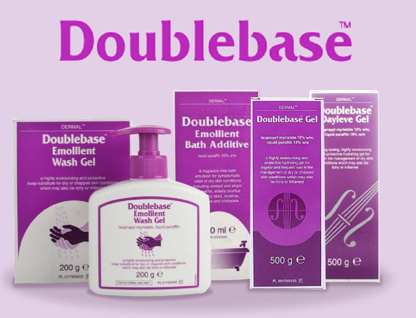 The Doublebase Emollient Shower Gel Six Pack X6 (200g) is shown in purple packaging against a light purple background, with the Doublebase logo above, ideal for dry skin care.