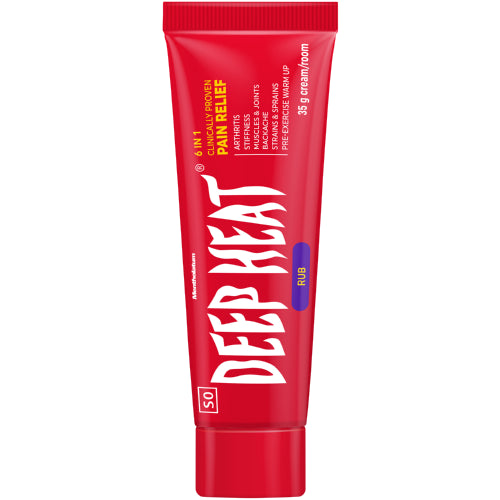 The red tube of Deep Heat Pain Relief Rub, by Deep Heat, emphasizes its natural ingredients for soothing muscular aches and pains. Contains 35g of cream.